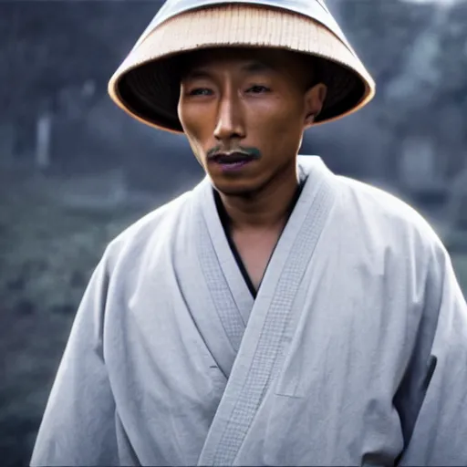 Image similar to cinematic film still Pharrell Williams starring as a Samurai holding fire, Japanese CGI, VFX, 2003, 40mm lens, shallow depth of field,film photography