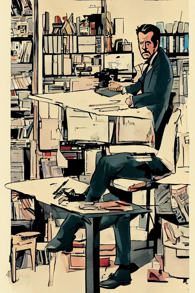 Image similar to color poster of Philip Marlowe at his desk by Mike Mignola and Darwyn Cooke