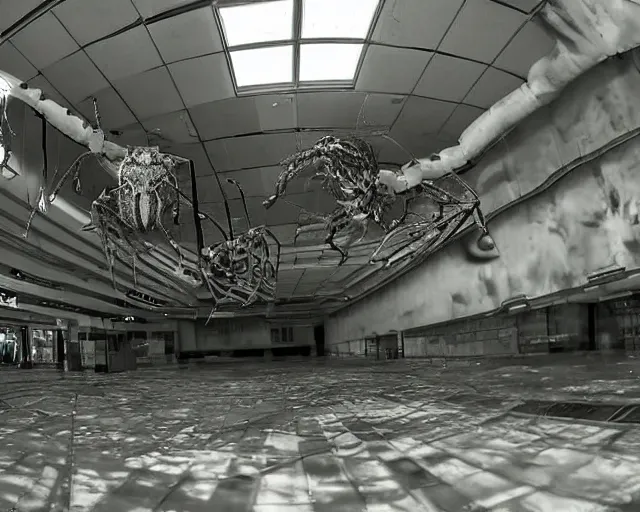 Image similar to camera footage of a Gigantic spider in an abandoned shopping mall, high exposure, dark, monochrome, camera, grainy, CCTV, security camera footage, timestamp, zoomed in, fish-eye lens, spiders, spider, spider, spider,