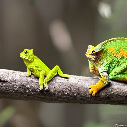 Image similar to photo of a cat and chameleon best friends