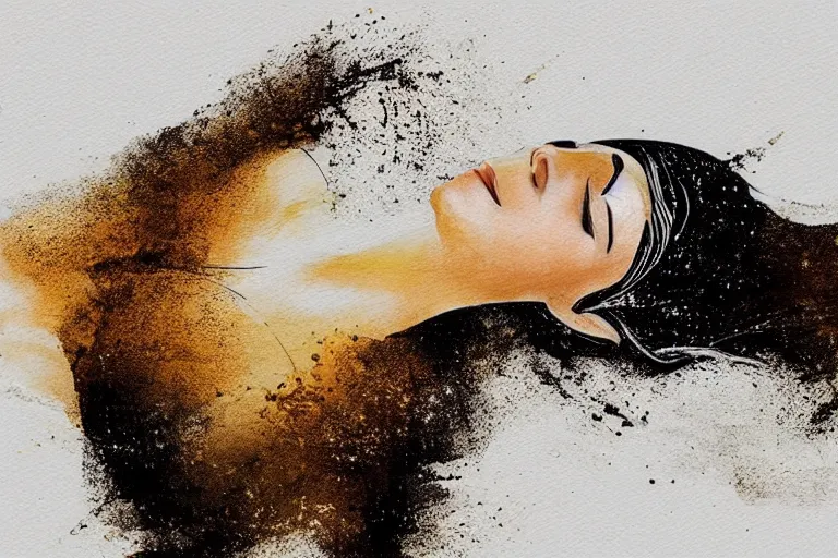 Image similar to beautiful serene swimming person, healing through motion, life, minimalistic golden and ink airbrush painting on white background