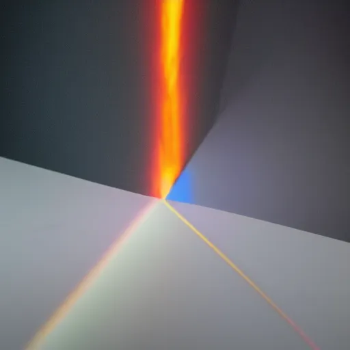 Prompt: DSLR still of a prism taking in white light on one side and splitting it into fire water wind and earth, 8k