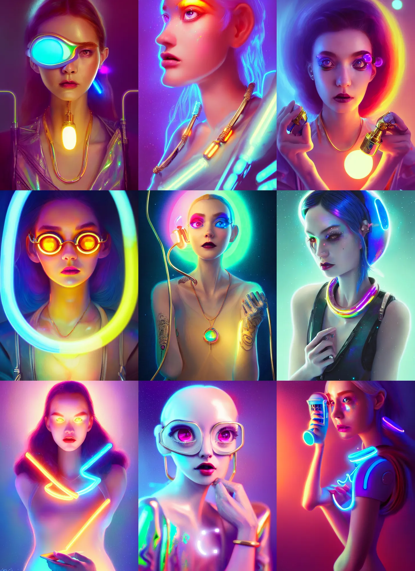 Prompt: pixar 8 k photo, beautiful shiny white porcelain rich galactic iridescent edc ice cream clowncore cyborg college girl, neon tube jewelry, golden ratio, sci fi, fantasy, cyberpunk, intricate, decadent, highly detailed, digital painting, octane render, artstation, concept art, smooth, sharp focus, illustration, art by loish, wlop