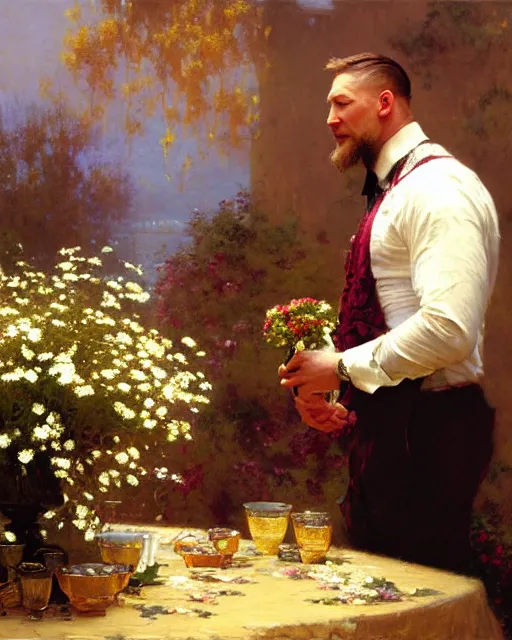 Image similar to tom hardy admiring a table full of flowers, golden hour painting by gaston bussiere, craig mullins, j. c. leyendecker