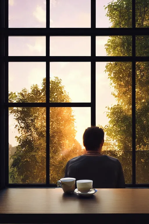 Prompt: a man sitting on a café table mext to a window and holding a cup of coffee at sunset, Pixar style, black hair, 4K, cartoon, concept art, octane render, unreal engine 5, path tracing, complementary colours, serene scene, warm, cute, natural lighting, high quality, highly detailed, high coherence, defined face, five fingers, anatomically correct, soft lighting, close view, digital art, trending on DeviantArt