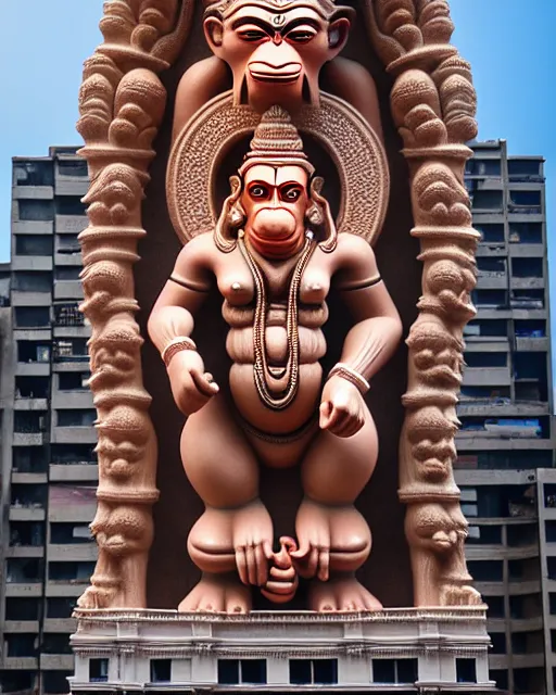 Prompt: high quality 3 d neoclassical biomorphic hanuman! head building in mumbai!! centre, highly detailed, cinematic smooth, berenice abbott & john j. park, dramatic warm morning light, wide shot, high angle, uhd 8 k, sharp focus