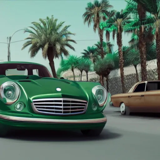 Image similar to frog driving a mercedes in marrakech, palm trees, octane render, unreal engine, hyperdetailed