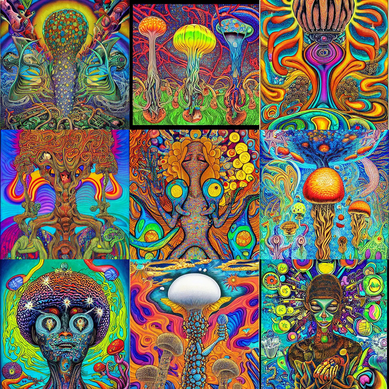 Prompt: psilocybin mushrooms painting by aaron brooks, chris dyer, android jones, and alex grey