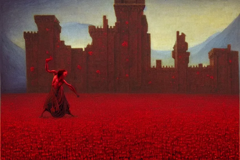 Image similar to only with red, red flowers of different types, a red tiger, a castle in the background, medieval demons dance over the flowers, an ancient path, in the style of beksinski, part by hopper, part by rodcenko, part by hofbauer, intricate composition, red by caravaggio, insanely quality, highly detailed, masterpiece, red light, artstation