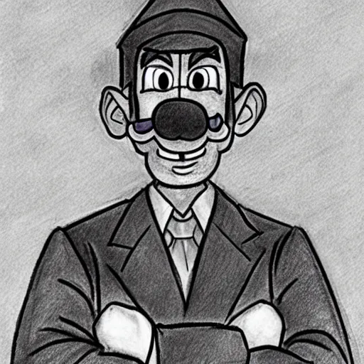 Prompt: courtroom sketch of waluigi after murdering Wario for tax returns