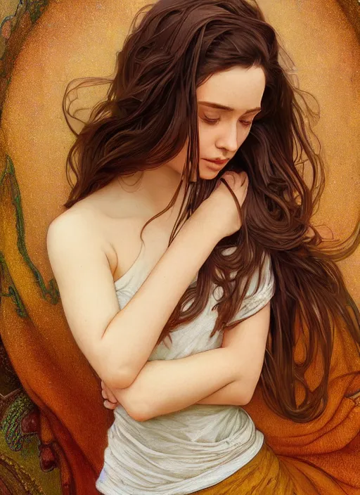 Image similar to handsome young women with shoulder length brown hair, half body shot, path traced, highly detailed, high quality, digital painting, alena aenami, lilia alvarado, shinji aramaki, karol bak, alphonse mucha, tom bagshaw