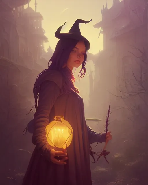 Image similar to highly detailed vfx portrait of a witch, unreal engine, greg rutkowski, loish, rhads, beeple, makoto shinkai and lois van baarle, ilya kuvshinov, rossdraws, tom bagshaw, alphonse mucha, global illumination, detailed and intricate environment