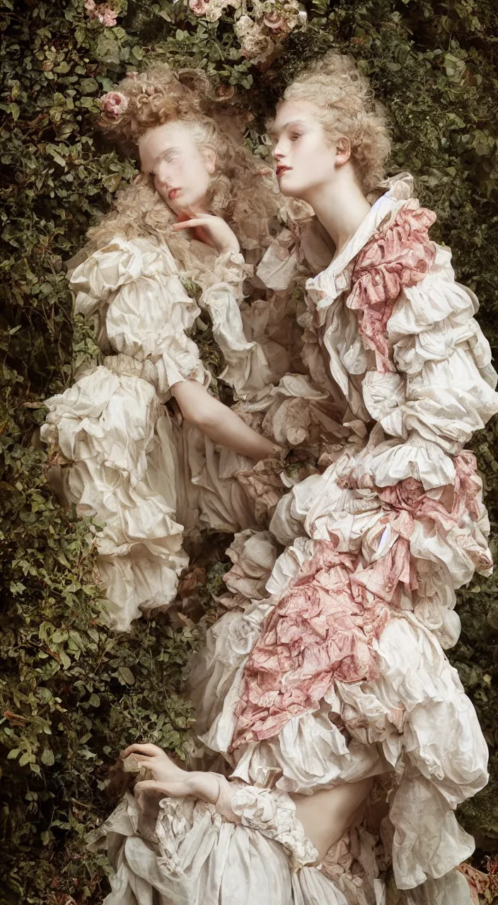 Image similar to fashion editorial by Jean-Honoré Fragonard. outdoor. highly detailed. 8k. depth of field. photography