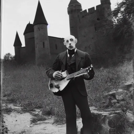 Image similar to vintage photograph of count orlok outside his castle, playing the blues on guitar, castle in the background, 4 k