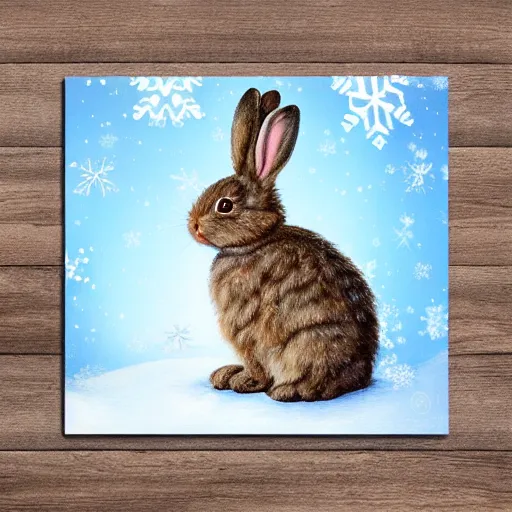 Prompt: cute fluffy tan lop eared bunny rabbit sitting in snowy winter landscape detailed painting 4k