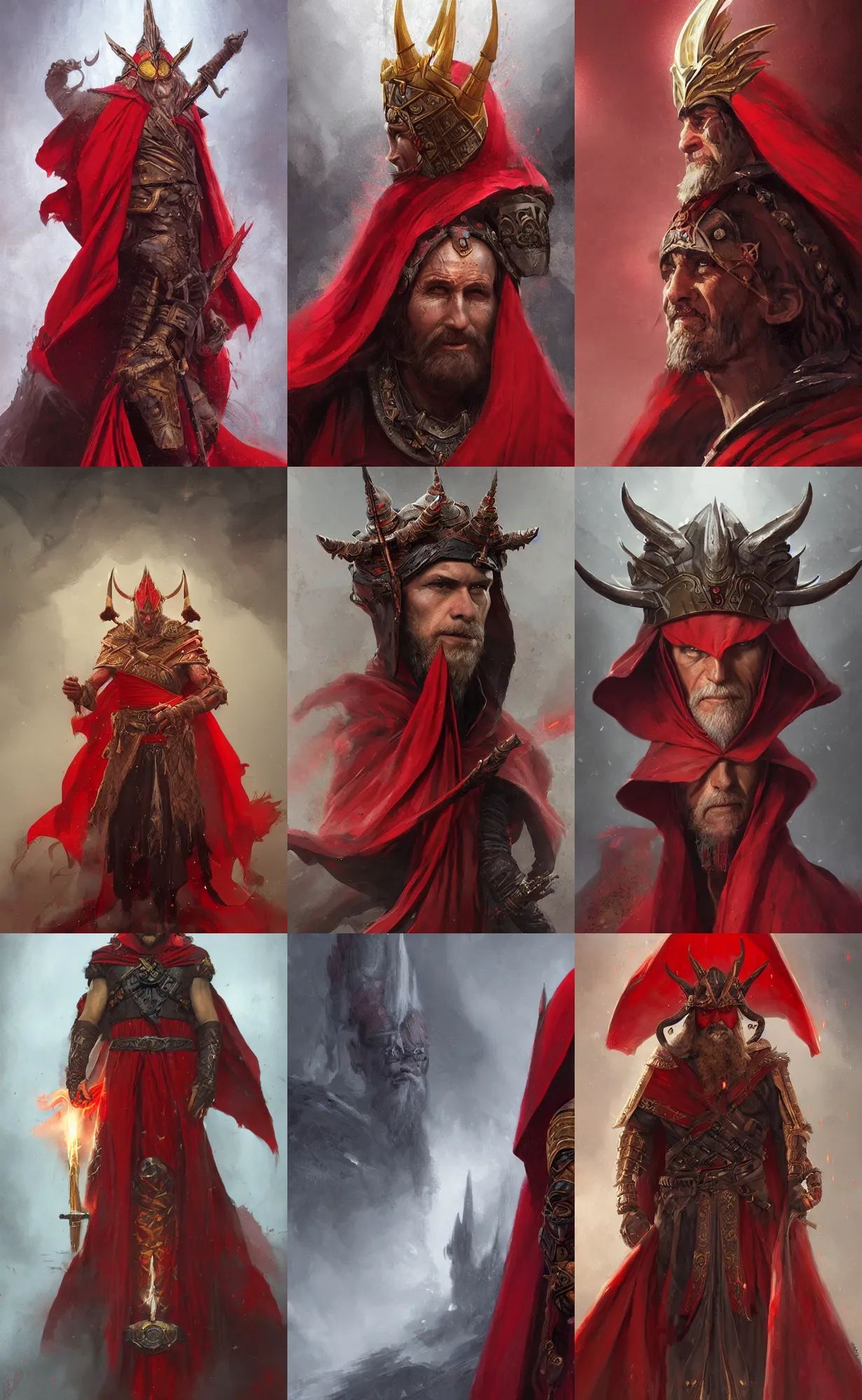 Prompt: ancient fire wizard with red cape and bronze horn headdress, portrait, highly detailed, digital painting, artstation, concept art, sharp focus, illustration, art by aleksi briclot and greg rutkowski and raphael lacoste and magali villeneuve
