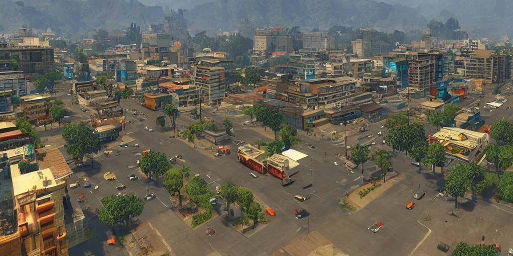 Image similar to guatemala city if it was a game like grand theft auto v with player view perspective, hud, with realistic visuals and award winning gameplay