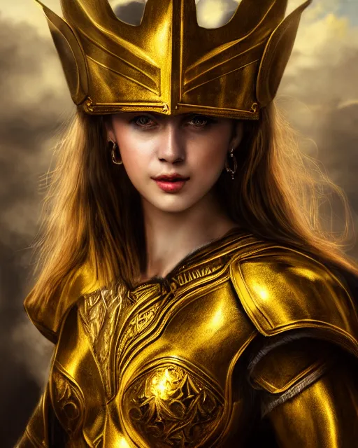 Image similar to matte painting portrait of woman in shining golden armor, high production value, intricate details, high resolution, hdr, high definition, masterpiece, realistic, ultrarealistic, highly detailed, hd, sharp focus, non blurry, sharp, smooth