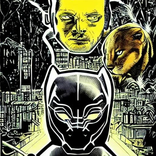 Image similar to tarkovsky stalker movie posters black panther cat prowling style of “ daniel clowes ” line art