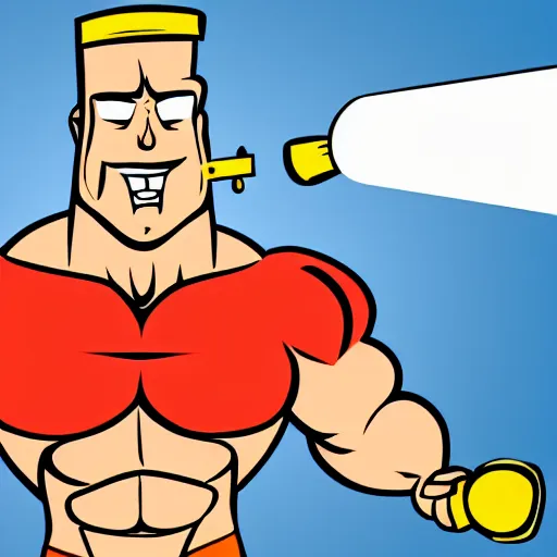 Image similar to cartoon muscular man, angry holding a oversized gun