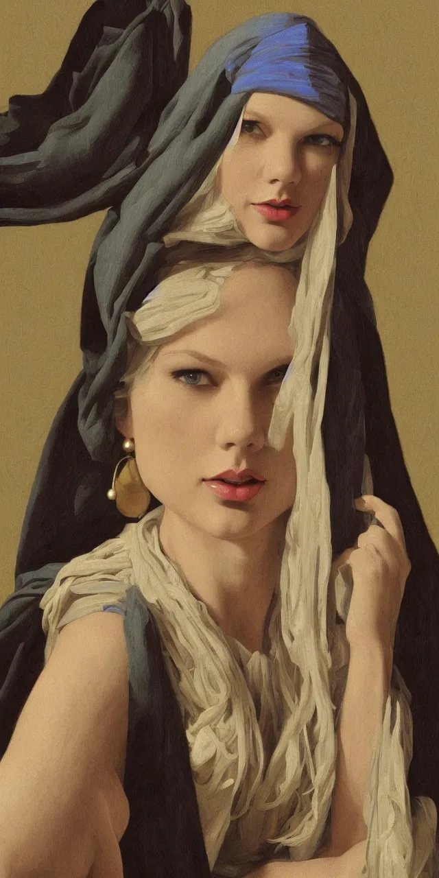 Image similar to Taylor Swift as the girl with the pearl earring, highly detailed, digital painting, artstation, concept art, smooth, sharp focus, illustration, ArtStation, art by artgerm and greg rutkowski and alphonse mucha and J. C. Leyendecker and Edmund Blair Leighton and Katsuhiro Otomo and Geof Darrow and Phil hale and Ashley wood and Ilya repin and Charlie Bowater