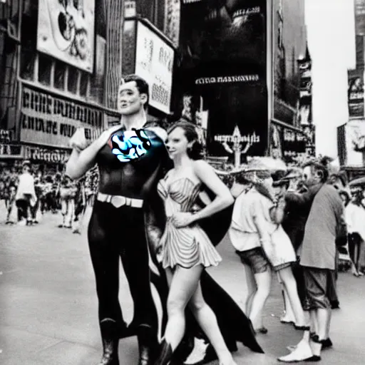 Image similar to v - j day in times square photograph with superman and wonder woman