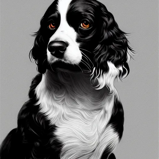 Prompt: black and white, springer spaniel extremely detailed, sharp focus, wide view, full body shot, smooth, digital illustration, by, james jean, by rossdraws, frank franzzeta, sakimichan, jeremy lipking