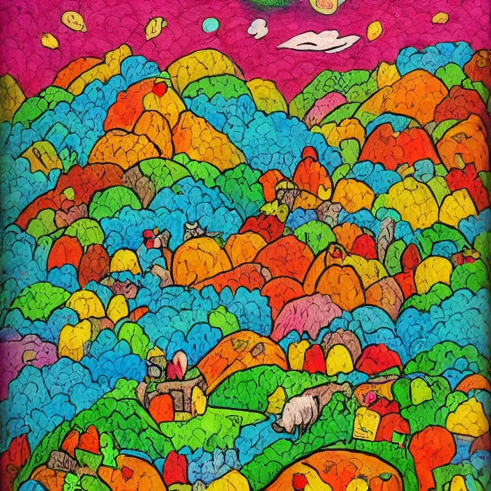 Image similar to little sheep hopping over mountains of gigantic fruit, naivistic art, childrens drawing, outsider art, expressive, colorful