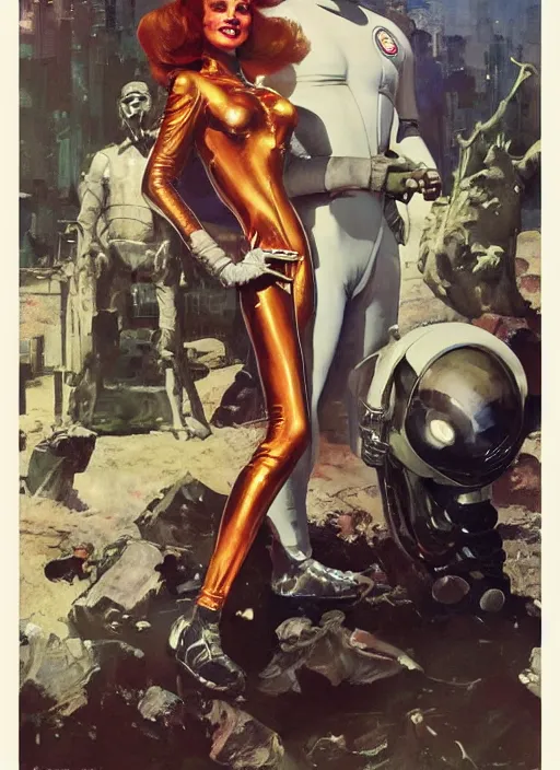 Image similar to martian standing beside elegant lady wearing a latex spacesuit, by norman rockwell, jack kirby, jon berkey, earle bergey, craig mullins, ruan jia, jeremy mann, tom lovell, marvel, astounding stories, 5 0 s pulp illustration, scifi, fantasy