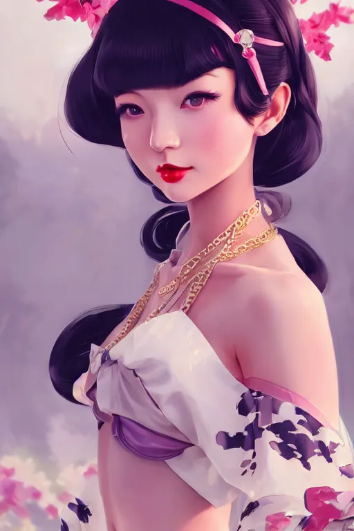 Image similar to a pin up and beautiful fashion charming dreamlke japan girl with lv jewelry, character art, art by artgerm lau and wlop and and ilya kuvshinov and john singer sargent, hyperdetailed, 8 k realistic, symmetrical, frostbite 3 engine, cryengine, dof, trending on artstation, digital art