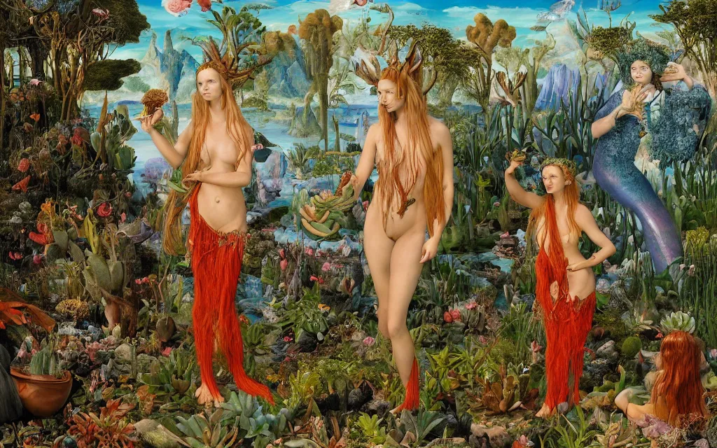 Prompt: a portrait photograph of a meditating mermaid shaman and a centaur monk feeding succulents at a wide river delta. surrounded by bulbous flowers, animals and trees. mountain range under a vast blue sky of burning stars. painted by jan van eyck, max ernst, ernst haeckel and artgerm, cgsociety, artstation, fashion editorial