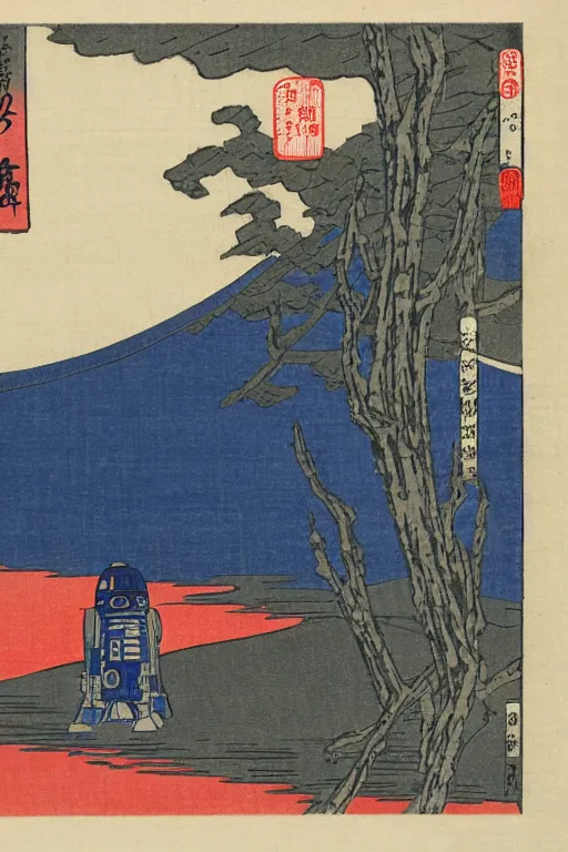 Prompt: Japanese woodblock print of r2d2 , Hiroshige