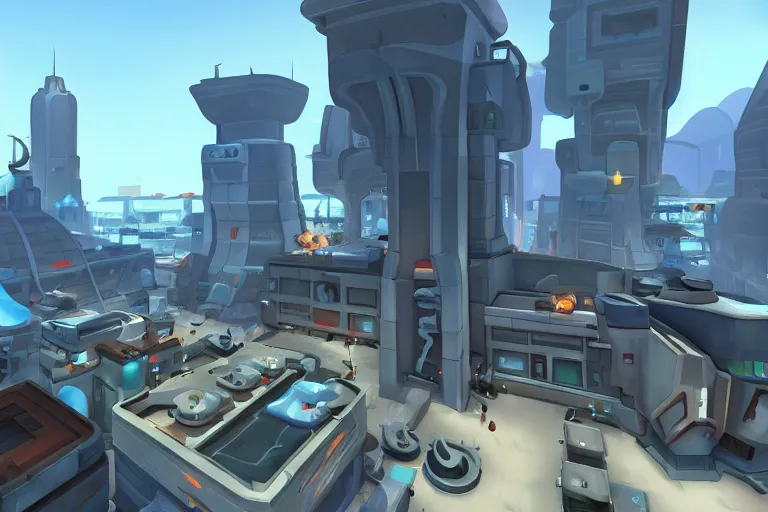 Image similar to futuristic city in team fortress 2