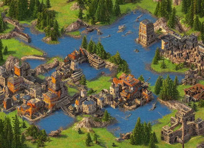 Image similar to isometric map of age of empires video game, procedural, top down, AOE2 , civilization, river, forest, cave, mountain, futuristic , woods, hills, buildings, snow, , digital art,realistic,detailed,art by greg rutkowski