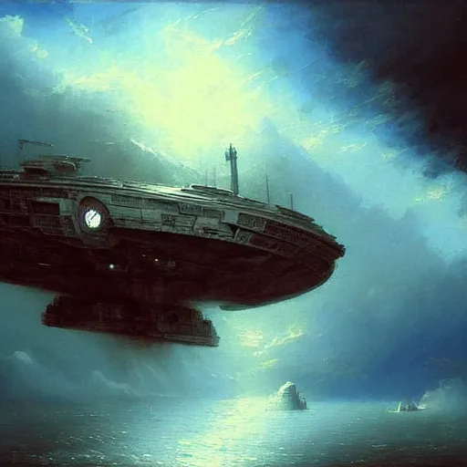 Prompt: Millennium Falcon, Starwars, Painting by Ivan Aivazovsky