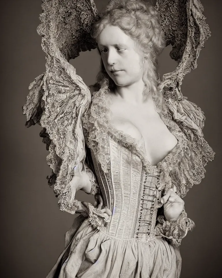 Image similar to a renaissance styled baroque photograph of an anatomically correct woman angel wearing an intricate lace corset by aj hamilton