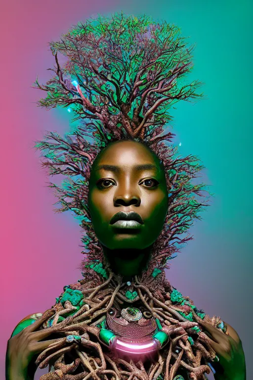 Image similar to hyperrealistic post - maximalist masterpiece super expressive! yoruba goddess with exoskeleton armor, merging with tree in a forest, highly detailed digital art cinematic, smooth cam de leon eric zener dramatic pearlescent soft teal pink light, ground angle hd 8 k, sharp focus