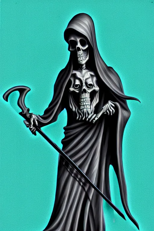 Image similar to grim reaper carved into a blue green, intricate baroque style, by artgem