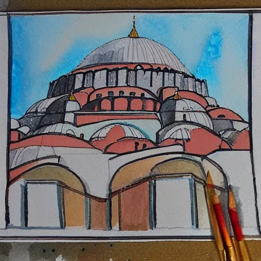 Prompt: hagia sophia, istanbul, watercolour and pencil painting, high details