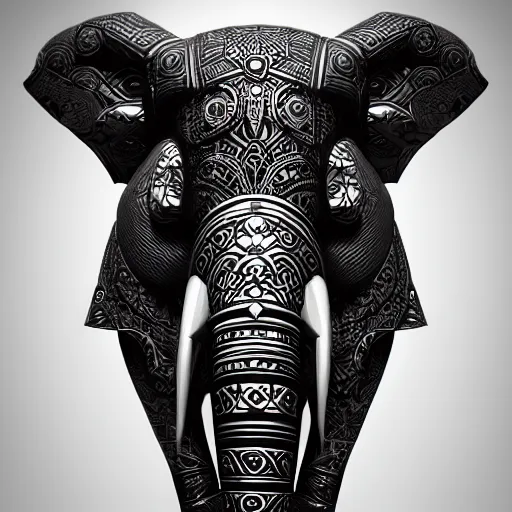 Prompt: futuristic elephant head, symmetrical, futuristic ganesha, intricate black shaman ornaments, black oak patterns, iridescent reflection, robotic ganesha head, mecha - elephant, white backround, graphic design, black white greys and red color, subsurface scattering, cyberpunk, unreal engine, octane render, cgsociety, artstation