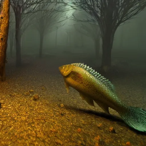 Prompt: a bipedal fish cryptid walks through a forest towards the camera, realistic, realistic lighting, dimly lit,