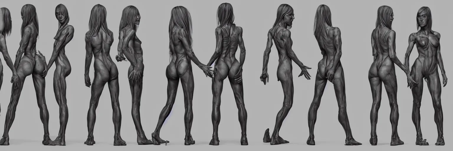 Prompt: female character study of female iggy pop, 2 0 2 2, clear faces, emotional, character sheet, fine details, concept design, contrast, kim jung gi, pixar and da vinci, trending on artstation, 8 k, full body and head, turnaround, front view, back view, ultra wide angle