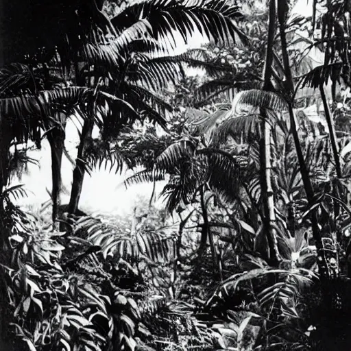 Image similar to a rizom lost film footage of a - - - - 3 d shape - - - - - in the middle of the tropical jungle / tropicalism / tropicalism / tropicalism / film still / cinematic / enhanced / 1 9 2 0 s / black and white / grain