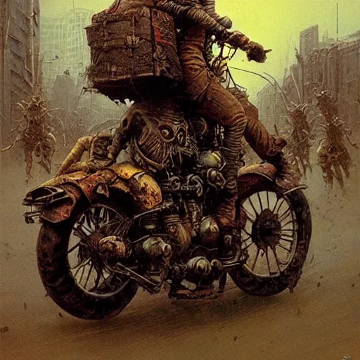 Image similar to epic wizard riding motorcycle through zombie infested apocalyptic city, highly detailed beksinski art