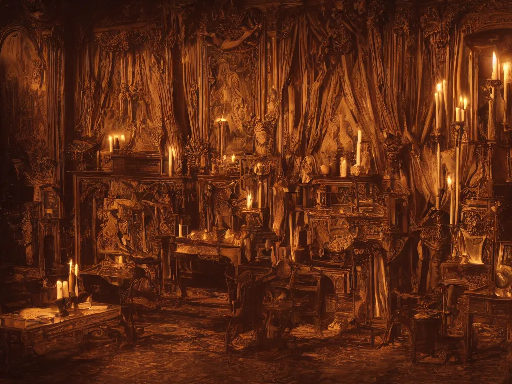 Prompt: hyper realistic photo of an occult art nouveau room interior, old furnitures, altar, candles, gloomy volumetric lights