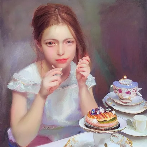 Image similar to “beautiful girl at a tea party, oil painting, realism, hyper detailed, trending on Artstation”