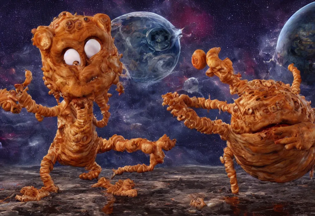 Prompt: eldritch horror bloody garfield in space, hd, 8 k, giant, epic, realistic photo, unreal engine, stars, prophecy, powerful, cinematic lighting, destroyed planet, debris, violent, sinister, ray tracing, dynamic, epic composition, dark, horrific, teeth, grotesque, monochrome drawing, hellscape, death, corpses