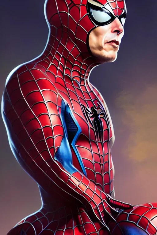 Image similar to elon musk in spider man suit, marvel character, realistic portrait, symmetrical, highly detailed, digital painting, artstation, concept art, smooth, sharp focus, illustration, cinematic lighting, art by artgerm and greg rutkowski and alphonse mucha