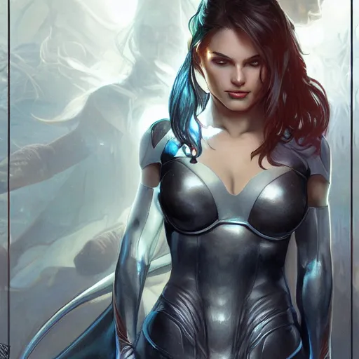 Image similar to character concept, portrait, symmetrical head - on centralized, young woman with dark ninja clothes. detailed, high quality, dynamic lightning, fantasy, scenematic. artwork by artgerm, wlop, alex ross, greg rutknowski, alphonse mucha