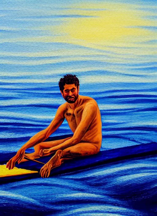 Image similar to self portrait of a painter painting himself on a raft in the ocean